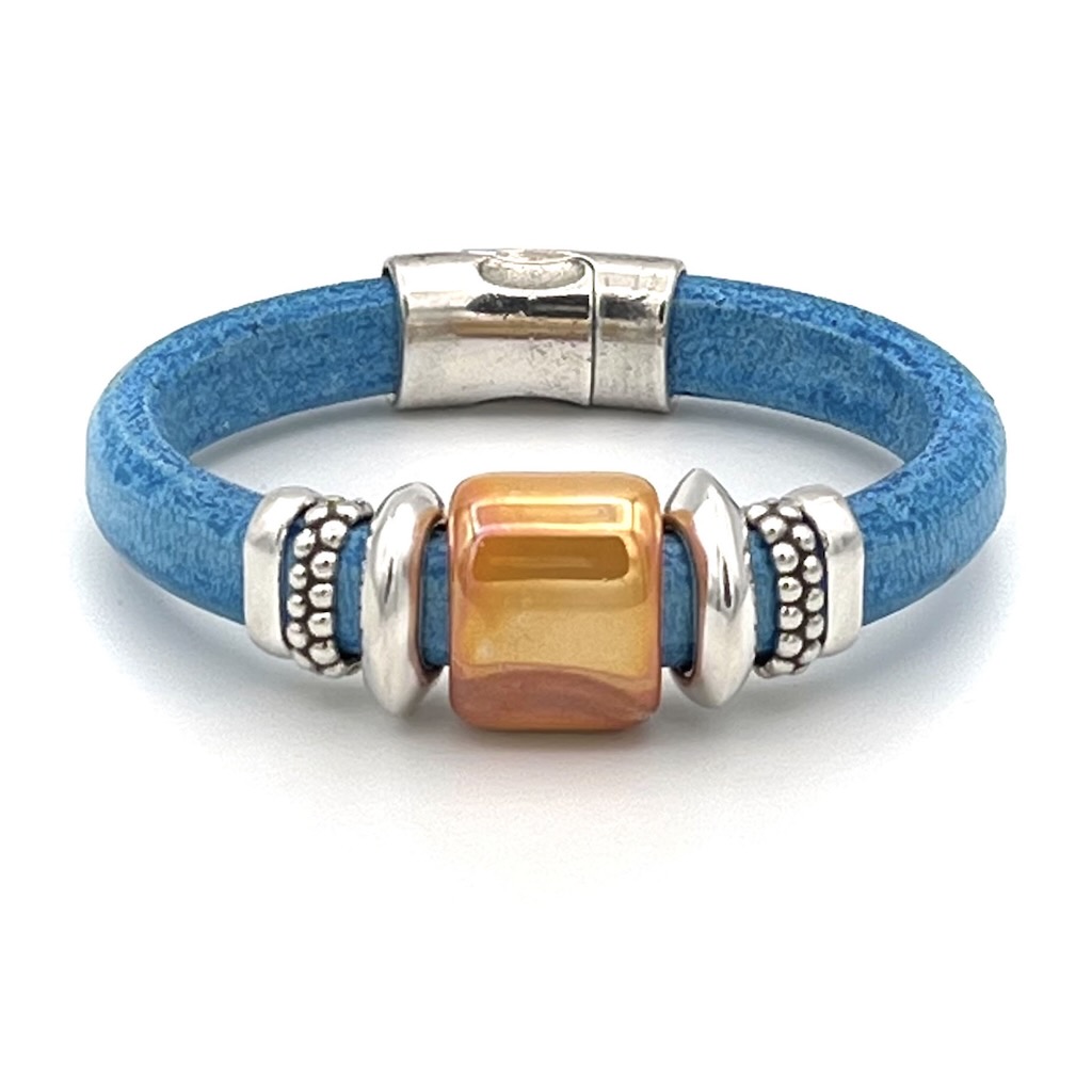 Blue Leather Bracelet with orange and silver beads