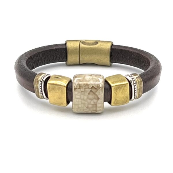 Brown Beaded Leather Bracelet "Buffalo Spirit" design