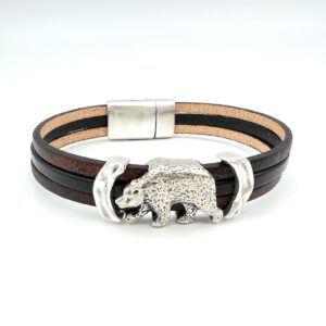 Leather and Silver “Hey Bear! Bracelet with Magnetic Clasp