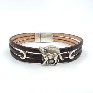 Leather and Silver Howling Wolf Bracelet