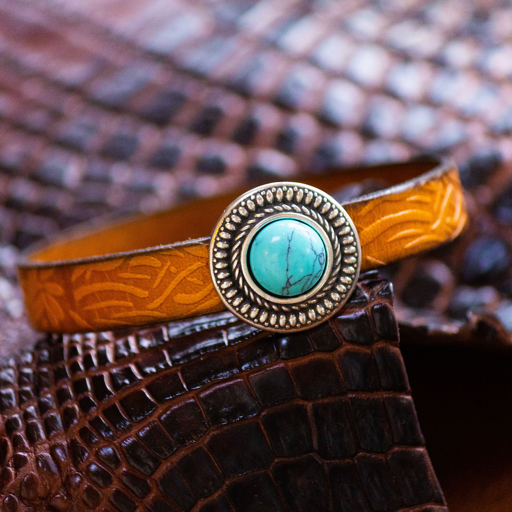 Embossed Leather Bracelet with turquoise magnetic closure