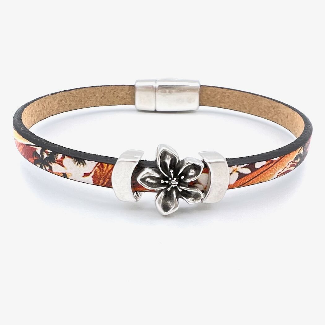 Silver Flower printed leather bracelet "Jasmine" Tropical