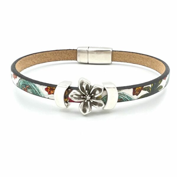 Silver Flower printed leather bracelet "Jasmine"
