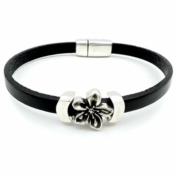 Silver Flower and Leather Bracelet "Jasmine"
